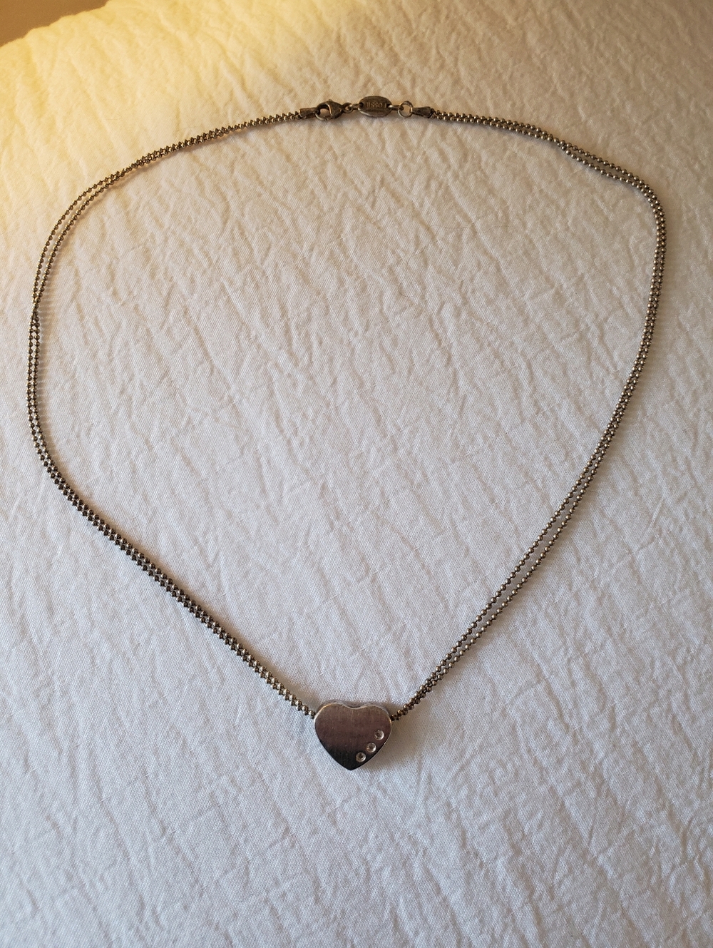 Fossil Silver 925 Heart Pendant Necklace with Accent Stones Double Chain - Picture 2 of 5
